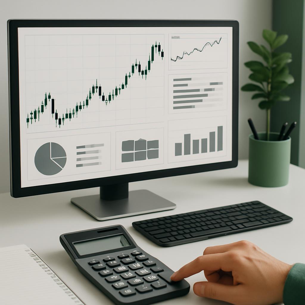 A computer monitor displaying a line graph, accompanied by a keyboard and calculator, set against a white desk and pale gr...