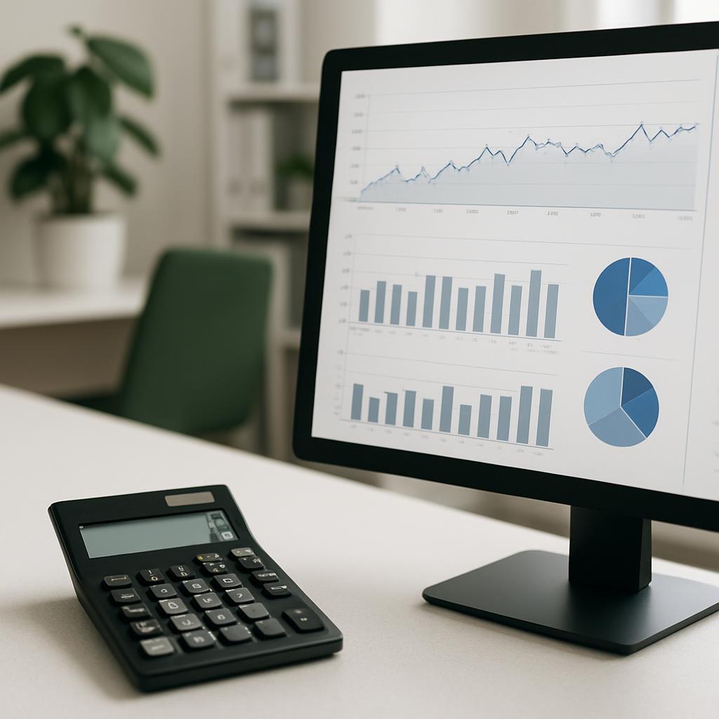 Desk with computer monitor displaying graphs and bar charts, calculator, and plant in background.