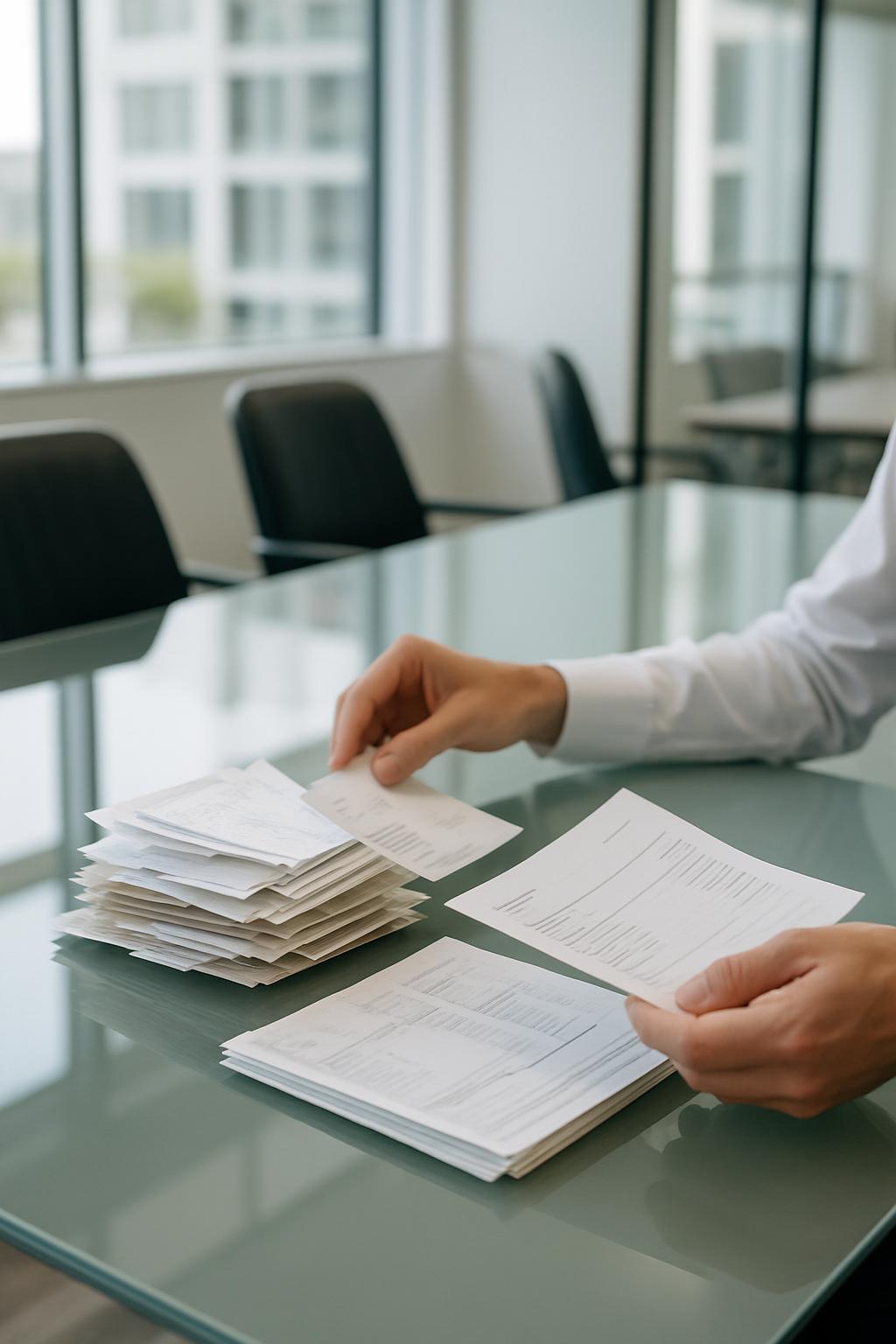 A person in a white shirt sits at a large glass desk, holding a paper above a stack of papers.